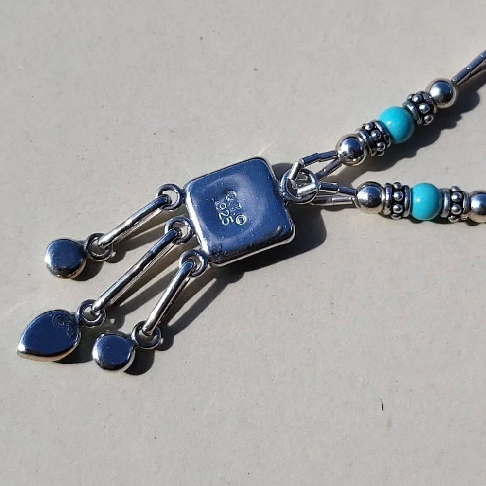 Vintage Q.T. 925 Sterling Silver Turquoise Liquid Silver Pendant Necklace